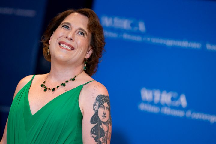 Jeopardy champion Amy Schneider, seen at the White House Correspondents Association gala in April, spoke out against a proposed bill in Ohio on Wednesday that would prohibit children from receiving gender-affirming care.