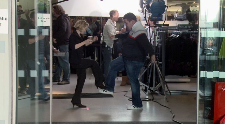 Joanna Page and James Corden in between takes