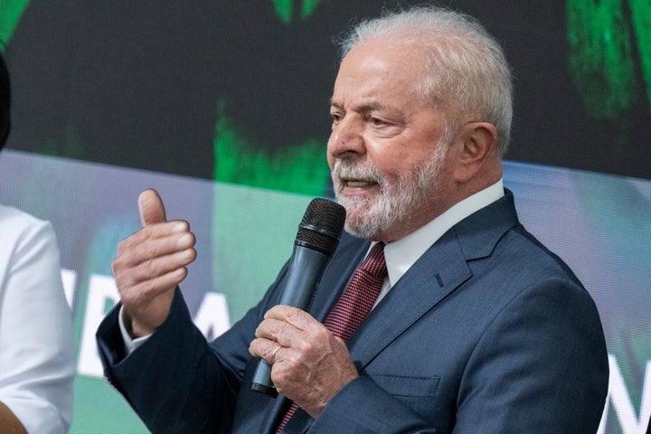 Luiz Inácio Lula da Silva, president-elect of Brazil, speaks on a stage in the Brazilian pavilion at the COP27 UN climate summit in Egypt on Wednesday, November 16, 2022.