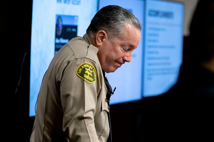 Los Angeles County Sheriff Alex Villanueva takes a moment while speaking to the media about his time as Sheriff during a press conference where he conceded to former Long Beach Police Chief Robert Luna in Los Angeles Tuesday, Nov 15, 2022. Authorities say a driver hit nearly 22 L.A. County sheriff's recruits during a training run on Nov. 16, 2022.