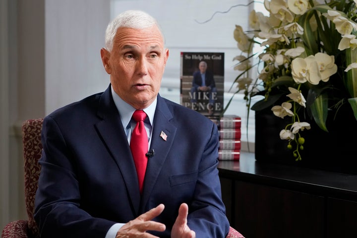 Former Vice President Mike Pence sits for an interview with the Associated Press, Wednesday, Nov. 16, 2022, in New York. (AP Photo/John Minchillo)