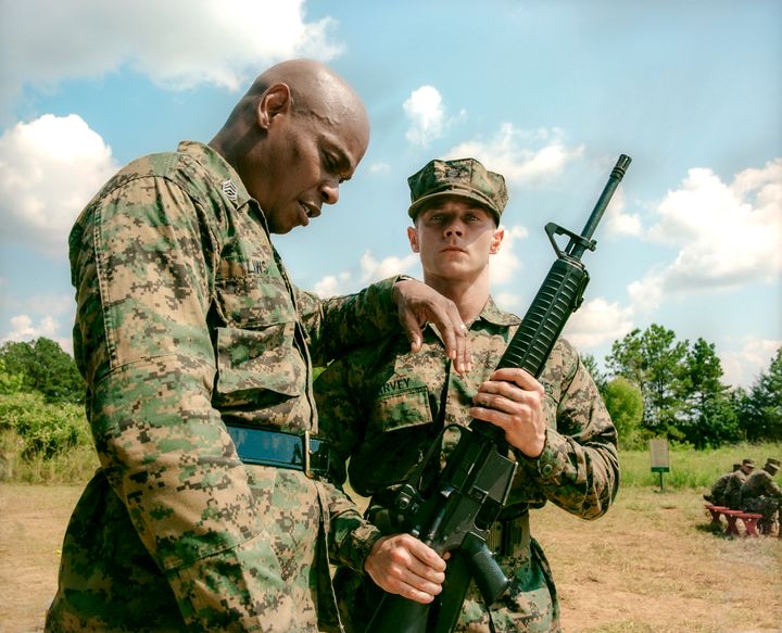 Drill sergeant Laws (Woodbine) often trains his Marine recruits by intimidation in "The Inspection."