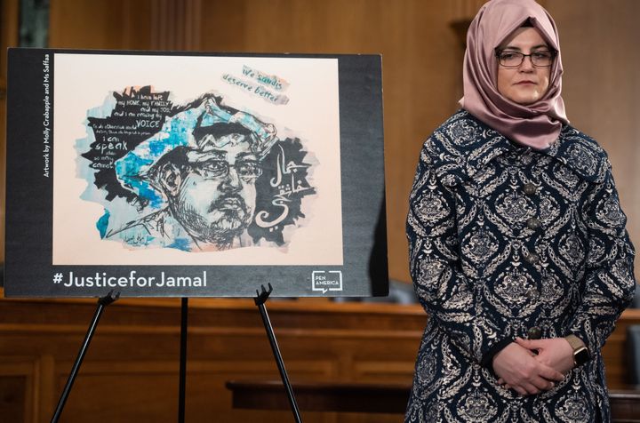 Hatice Cengiz, slain Washington Post columnist Jamal Khashoggi's fiancee, attends a press conference calling for the Trump administration to release details about his killing, on Capitol Hill in Washington, DC, March 3, 2020. - US lawmakers vowed Tuesday to force the release of an intelligence report on the killing of Saudi dissident writer Jamal Khashoggi, accusing President Donald Trump of blocking it to protect the kingdom. (Photo by SAUL LOEB / AFP) (Photo by SAUL LOEB/AFP via Getty Images)