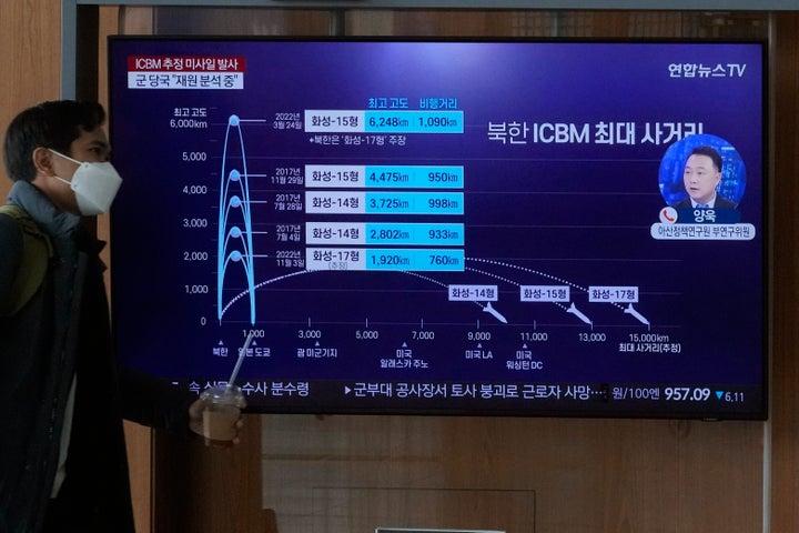 A TV screen shows a news program reporting on North Korea's missile launch at the Seoul Railway Station in Seoul, South Korea, Friday, Nov. 18, 2022. North Korea fired a suspected long-range missile designed to strike the mainland U.S. on Friday, its neighbors said, a day after the North resumed its testing activities in an apparent protest over U.S. moves to solidify its alliances with South Korea and Japan. The sign reads "North Korea ICBM maximum range." (AP Photo/Ahn Young-joon)