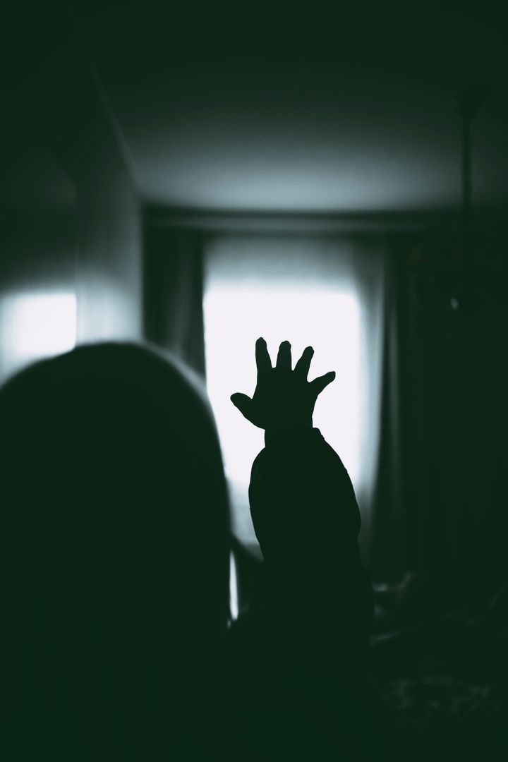 Silhouette of a woman reaching the light, indoors. Keywords: Covid-19, quarantine, isolated, home, loneliness, social distancing, mental health, control, depression, home, death. Finland, Europe.