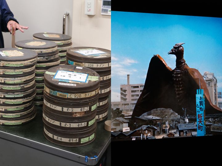 『空の大怪獣 ラドン』の秘蔵フィルム（左）と、4Kデジタル化された映像 (C) 1956 東宝