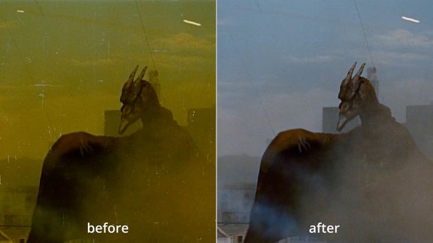 『ラドン』の映像の比較。オリジナルネガフィルム（左）では黄色がかっていたが、4Kデジタルリマスター版（右）では鮮やかな色彩になっている