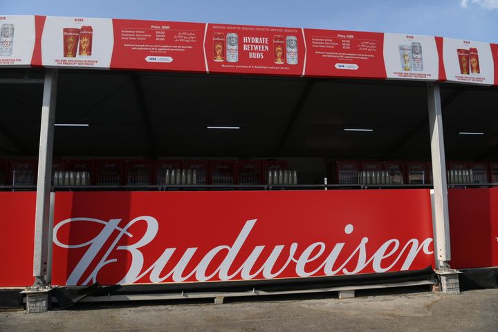 A Budweiser sign at the Fan Festival in Doha, Qatar, on Friday, ahead of the start of the FIFA World Cup.