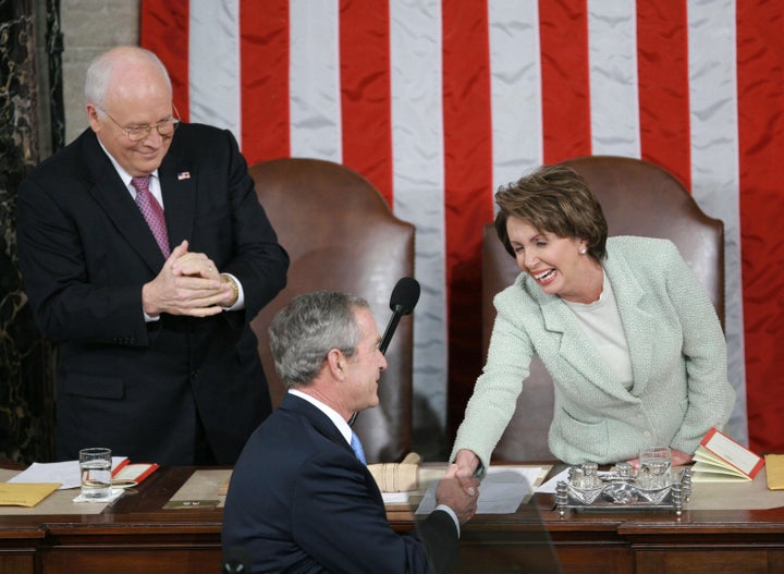 George W. Bush shakes hands with Nancy Pelosi at the 2007 State of the Union address, where the then-president saluted her as the first woman to serve as speaker.