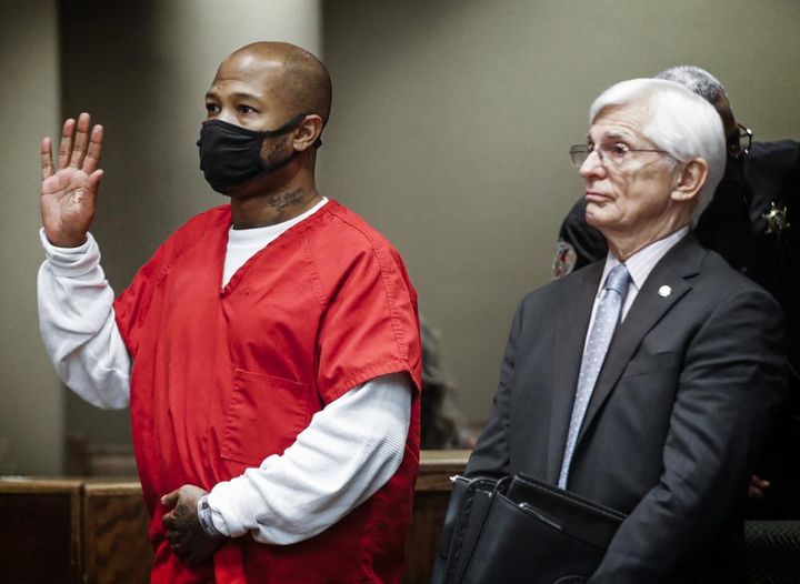 Hernandez Govan, left, the third suspect arrested in the murder of Memphis rapper Young Dolph, along with his lawyer William Massey, right, is arraigned in Judge Lee Coffee's courtroom on Thursday, Nov. 17, 2022.