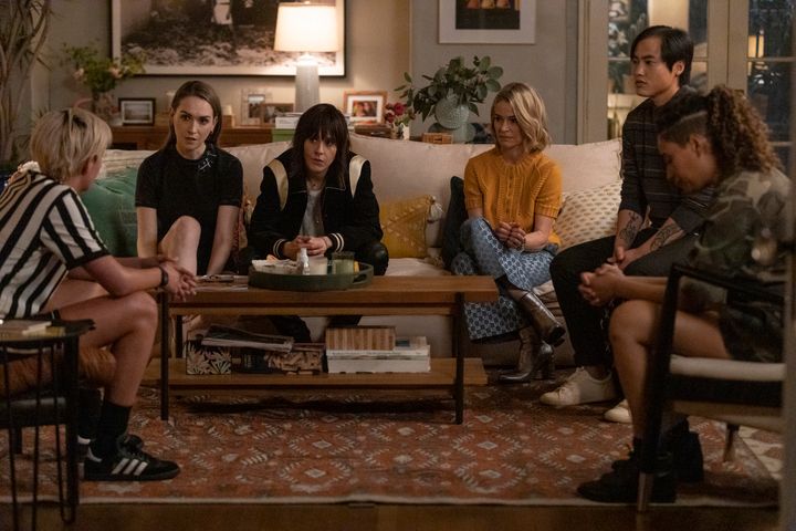 Tess (Clayton), Shane (Moennig), Alice (Hailey), Micah (Leo Sheng) and Sophie (Zayas) form an intervention for Finley (Jacqueline Toboni) in season 2 of . "The L Word: Generation Q"
