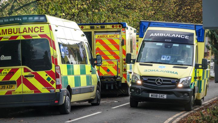 Ambulances queue outside the A&E department of the Bath Royal United Hospital.