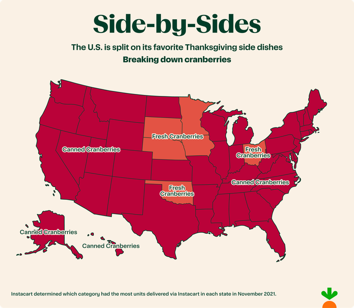 Preferencias de guarniciones de los estadounidenses para el Día de Acción de Gracias, desglosadas por estado