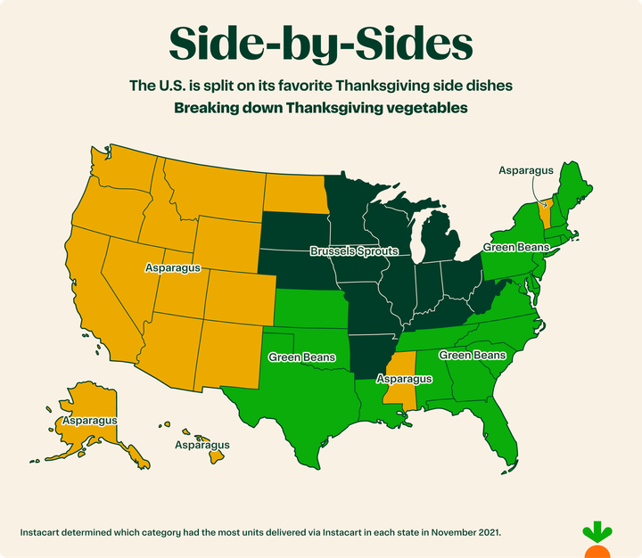 Preferencias de guarniciones de los estadounidenses para el Día de Acción de Gracias, desglosadas por estado