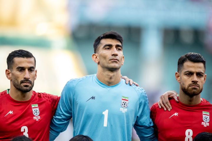 Iran players Ehsan Hajsafi, Alireza Beiranvand and Morteza Pouraliganji do not sing the national anthem before the World Cup match versus England.