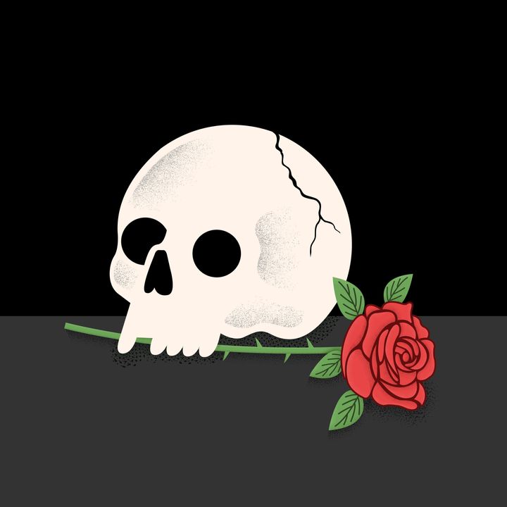 A vintage-style illustration of a skull holding a rose in its mouth.