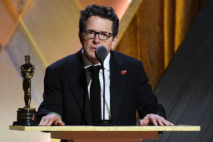 Honoree Canadian-American actor Michael J. Fox accepts the Jean Hersholt Humanitarian Award during the Academy of Motion Picture Arts and Sciences' 13th Annual Governors Awards.