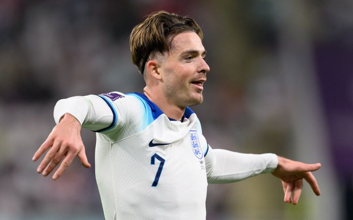 Jack Grealish celebrates after scoring his team's sixth goal during the match between England and Iran.