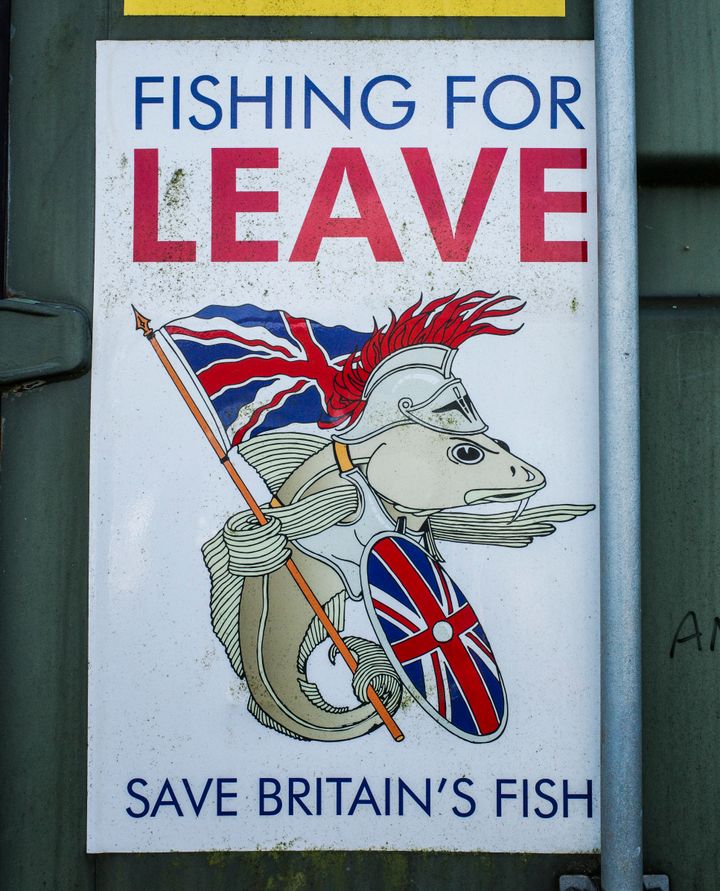 A poster is seen still in place on a container posted by pro-Brexit campaigners in the Cornish fishing industry