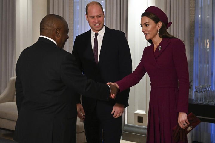 Prince William and Kate, the Princess of Wales greet South Africa's president at the Corinthia Hotel in London on Nov. 22, at the start of the president's two day state visit.