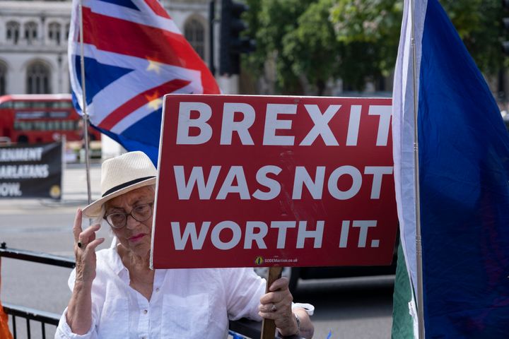 An anti-Brexit protester outside parliament.