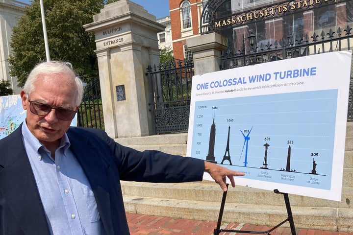 David Stevenson, policy director at the Caesar Rodney Institute, is pictured at a press conference in August 2021 in Boston to announce a federal lawsuit aimed at blocking construction of Vineyard Wind off the coast of Nantucket and Martha's Vineyard.