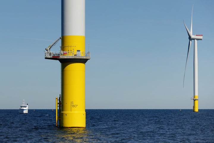 Over 30 miles off Virginia Beach are Dominion Energy's first two turbines in its wind farm, pictured Sept. 27, 2021.