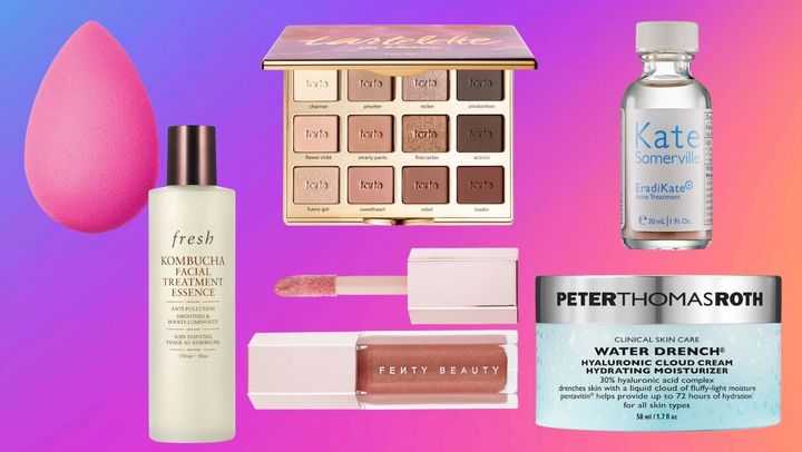 The original Beauty Blender sponge, Kombucha Facial Treatment Essence by Fresh, Fenty Beauty Gloss Bomb, Peter Thomas Roth Water Drench cream, acne spot treatment by Kate Somerville and the In Bloom eyeshadow palette from Tarte.