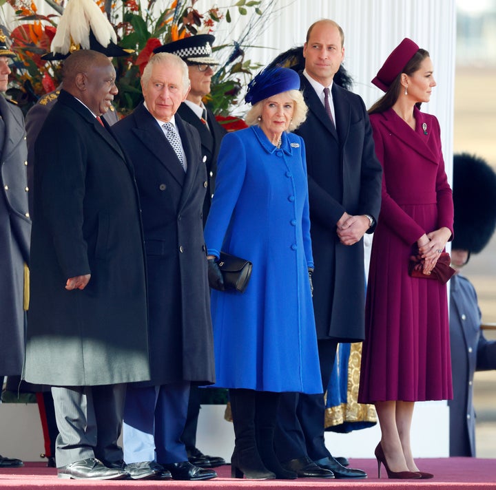 President Cyril Ramaphosa of South Africa, King Charles III, Camilla, Queen Consort, Prince William and Catherine, Princess of Wales attend the Ceremonial Welcome at Horse Guards Parade on November 22.