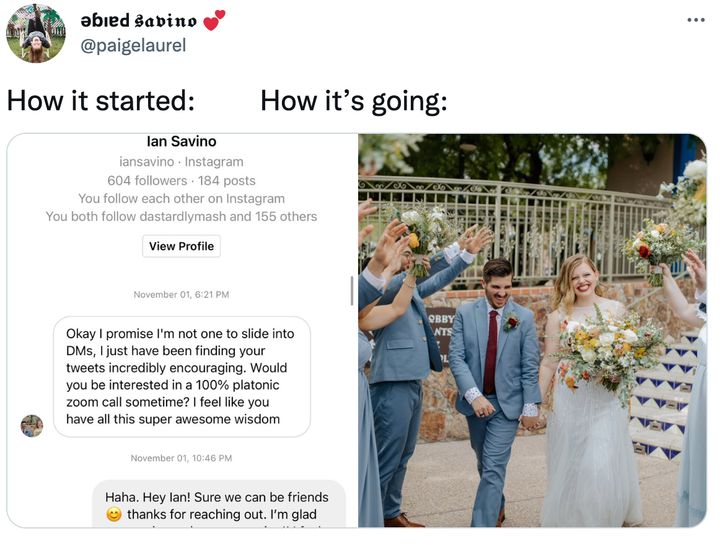 A post showing Paige and Ian Savino's first DM exchange and the couple on their wedding day.