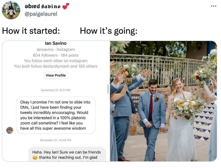 A post showing Paige and Ian Savino's first DM exchange and the couple on their wedding day.