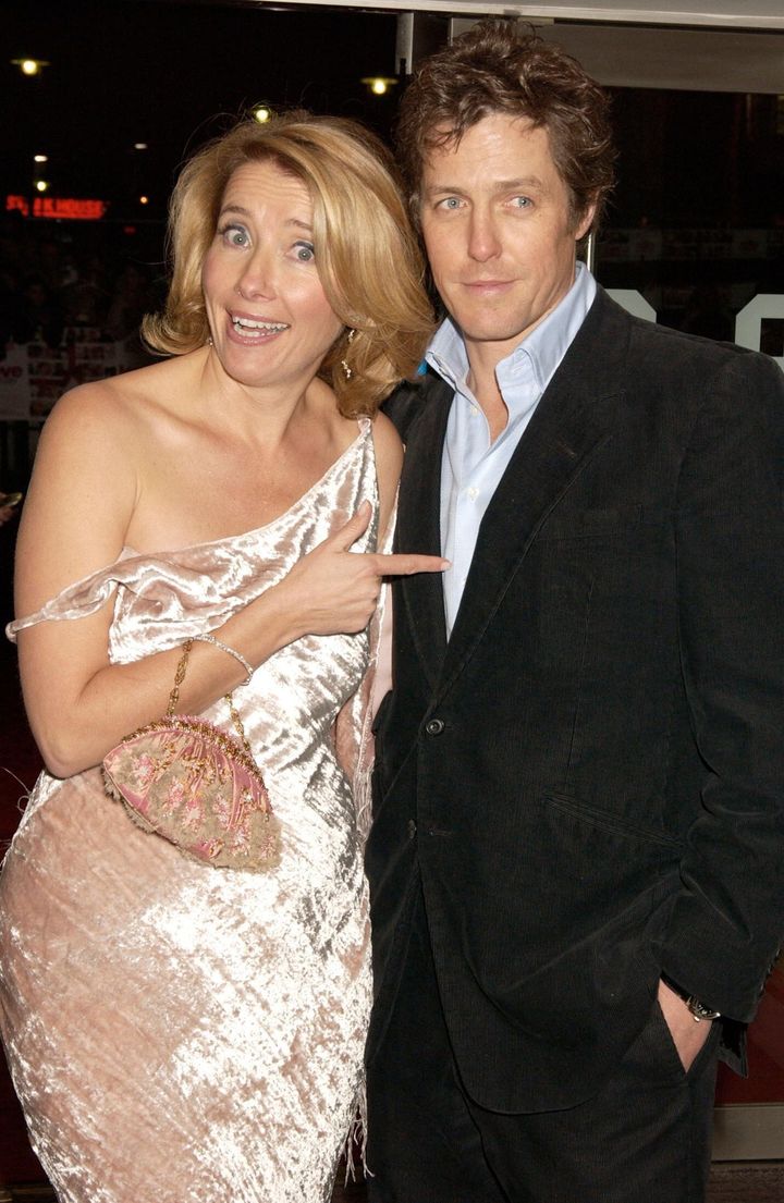 Emma Thompson and Hugh Grant pictured in 2003 at the Love Actually movie premiere at the Odeon Leicester Square, London (Photo by Dave Benett/Getty Images)
