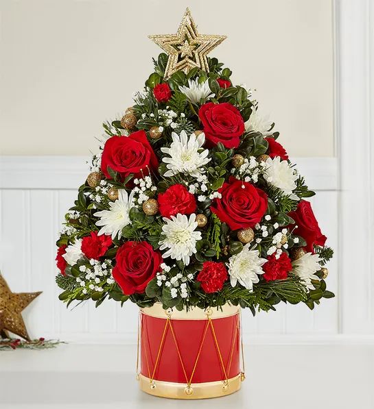 A bouquet arranged like a Christmas tree