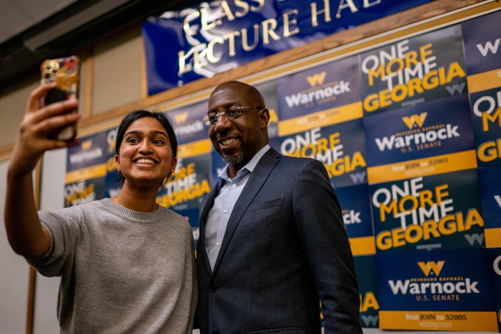 Sen. Raphael Warnock campaigned on Georgia Tech’s campus in Atlanta on Friday night, part of an effort by Georgia Democrats and progressives to increase youth turnout ahead of his Dec. 6 runoff election against Herschel Walker.