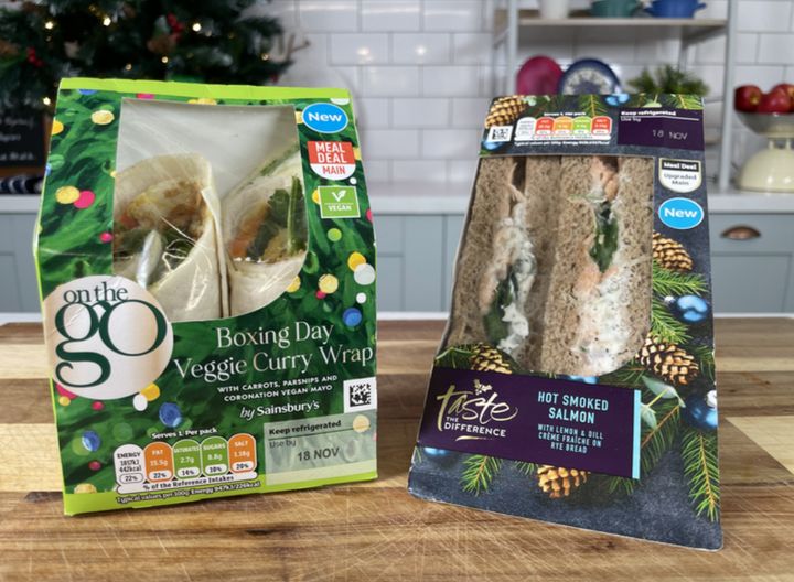 Sainsbury's Boxing Day Veggie Curry Wrap (left) and Taste the Difference Hot Smoked Salmon Sandwich (right)