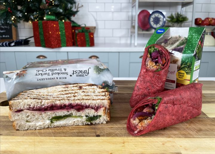 Tesco's Finest smoked turkey and truffle club (left) and Plant Chef No Beef Wellington Wrap (right)