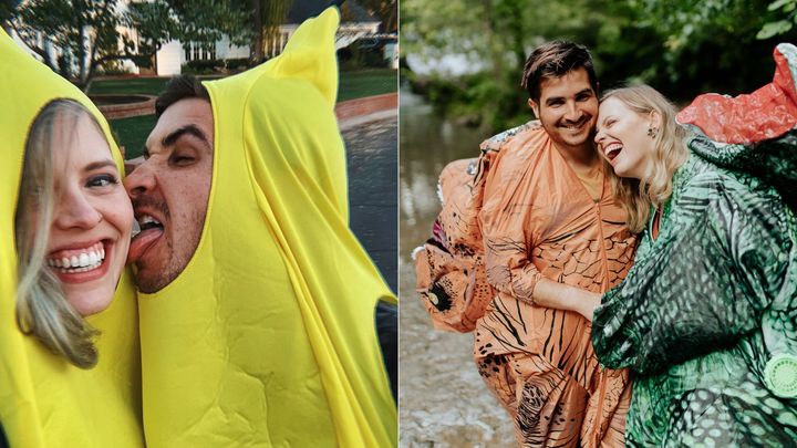 Paige Savino and husband Ian in matching banana suits and dinosaur costumes. The two met on Twitter in 2020.