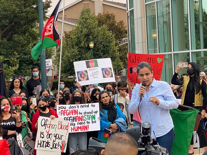 Aisha Wahab rallies Afghan Americans at a vigil near City Hall on Aug. 18, 2021, in Hayward, California. 