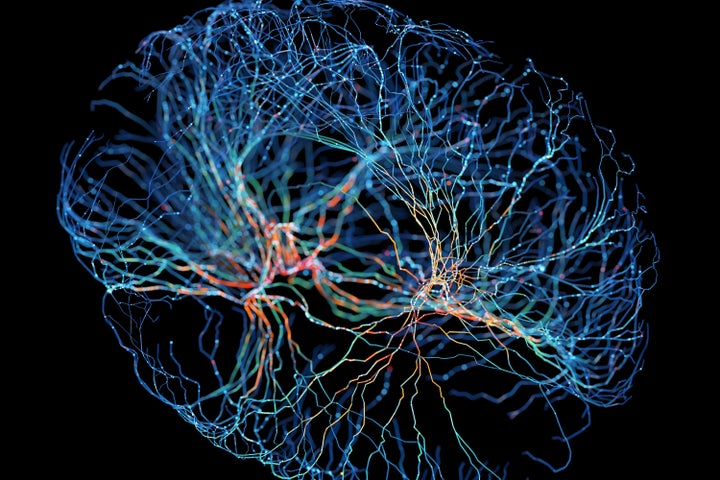 System of neurons with glowing connections on black background