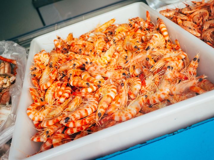 A tray of prawns in a fish market in Cádiz.