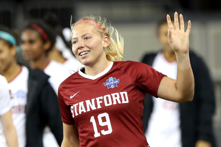 Stanford goalkeeper Katie Meyer waves to the crowd after the team's 4-1 win over UCLA in a semifinal of the NCAA Division I women's soccer tournament in 2019. 