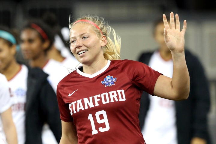 Stanford goalkeeper Katie Meyer waves to the crowd after the team's 4-1 win over UCLA in a semifinal of the NCAA Division I women's soccer tournament in 2019.