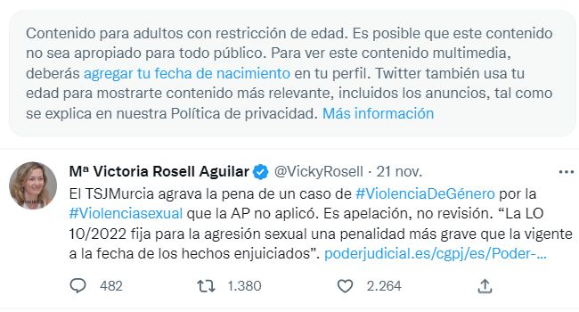 El tuit restringido en el perfil de Victoria Rosell.