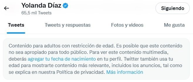 El tuit restringido en el perfil de Yolanda Díaz.