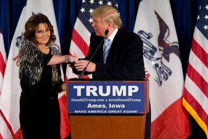 Former Alaska Gov. Sarah Palin, left, endorses Republican presidential candidate Donald Trump during a rally at the Iowa State University on Jan. 19, 2016, in Ames, Iowa.