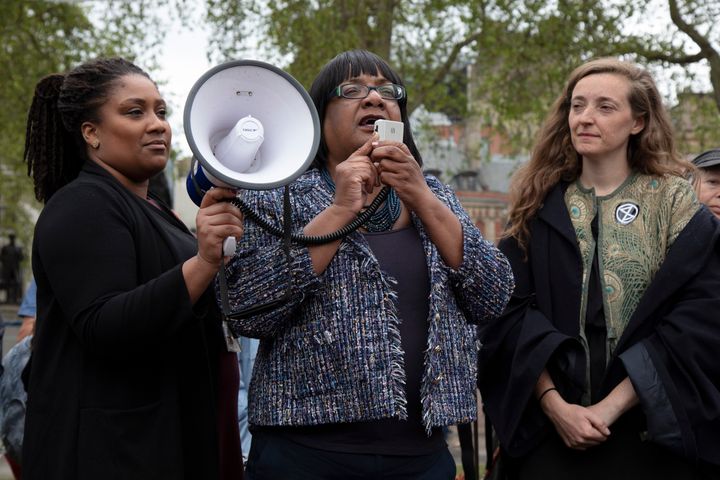 Diane Abbott and Bell Ribeiro-Addy speak at a climate change protest.