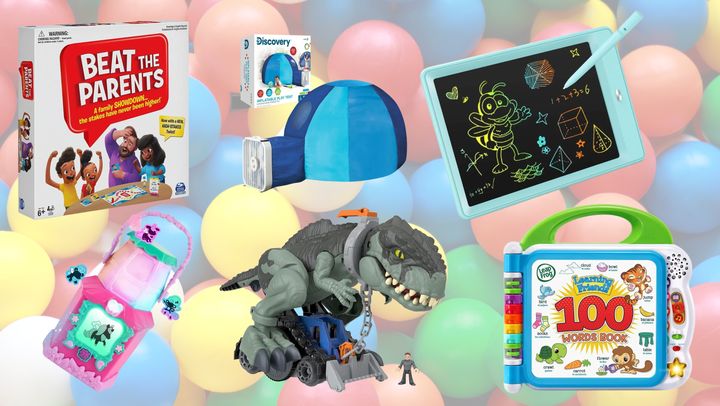 Beat the Parents board game, inflatable tent, LCD writing tablet, LeapFrog "100 Words" book, Jurassic World dinosaur, and Got2Glow fairy finder