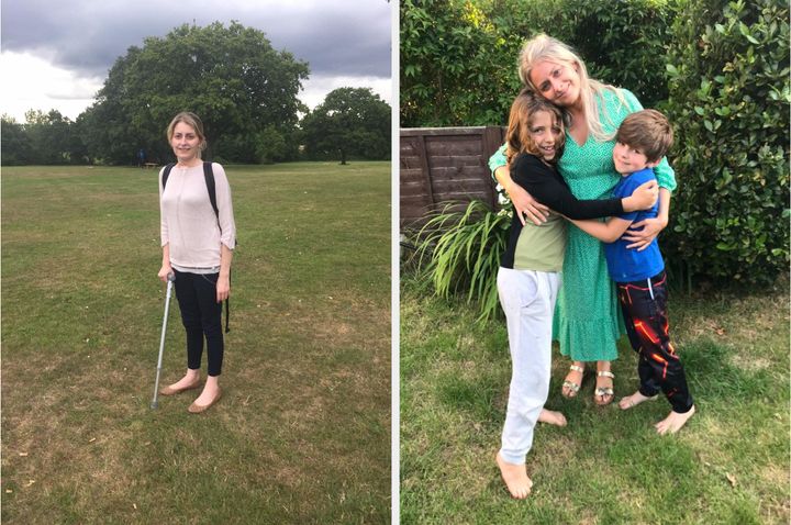 Jardine after leaving hospital with her oxygen tank (left) and a recent picture with her boys (right).