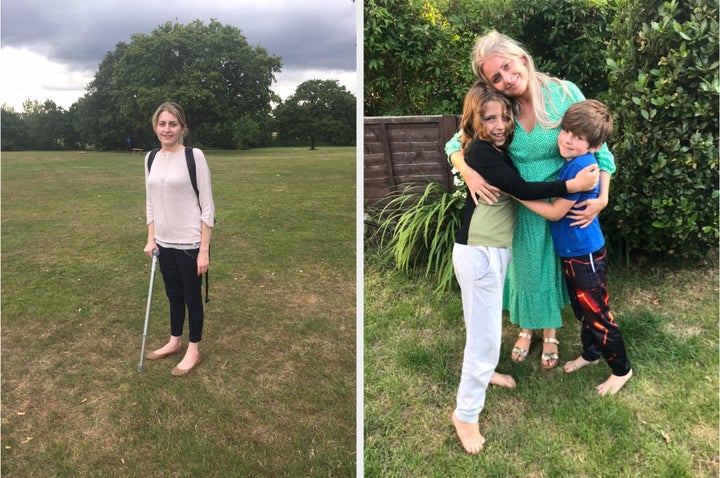 Jardine after leaving hospital with her oxygen tank (left) and a recent picture with her boys (right).