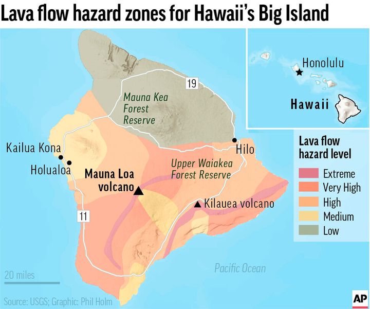 The ground is shaking and swelling at Mauna Loa, the largest active volcano in the world, indicating that it could erupt. Scientists say they don't expect that to happen right away but officials on the Big Island of Hawaii are telling residents to be prepared in case it does erupt soon. This map shows the lava flow hazard level zones for the island.